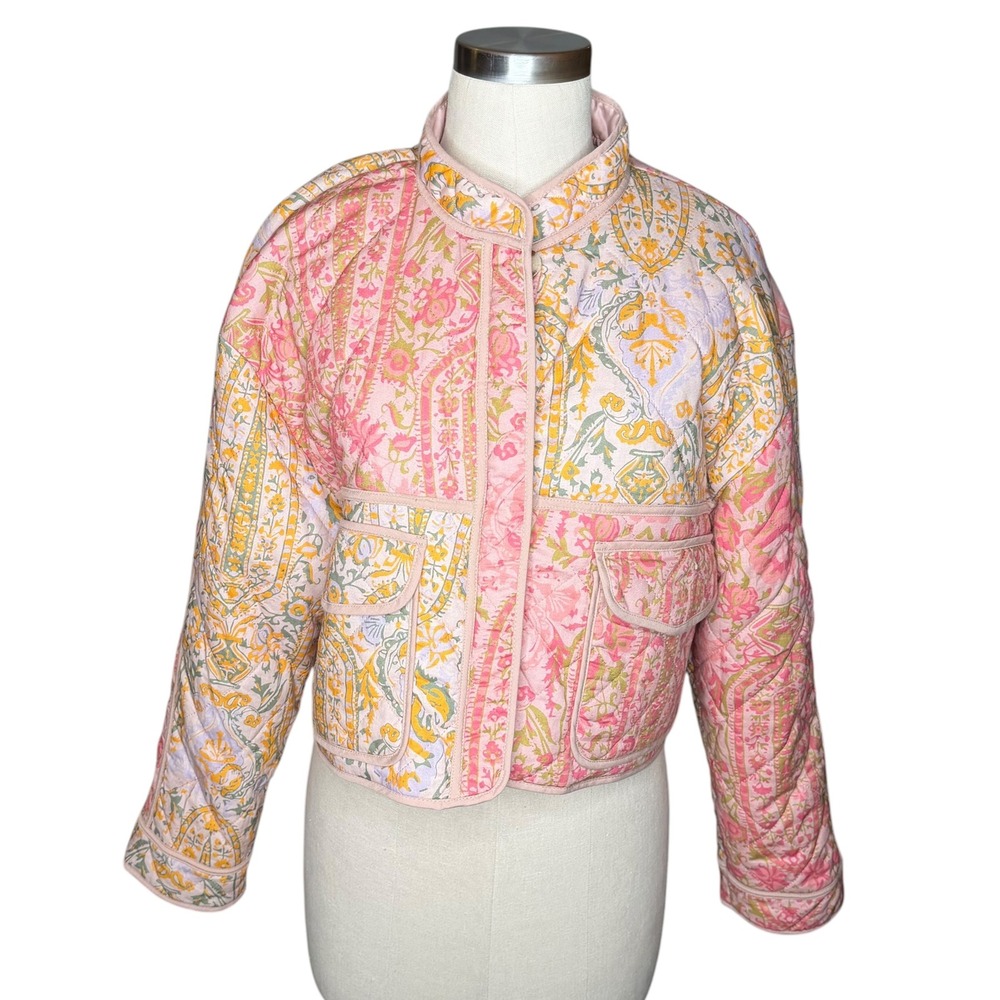 7 FOR ALL MANKIND Quilted Jacket Chore Coat Pink Paisley Patchwork Women's Large